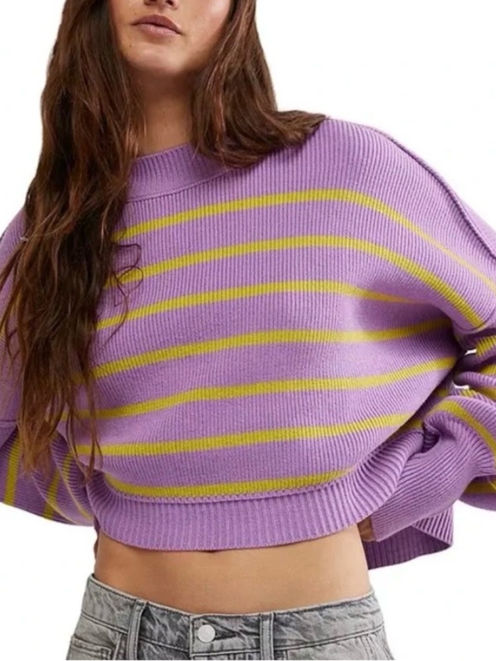 Free People Lilac & Yellow Striped Cropped Crew Sweater